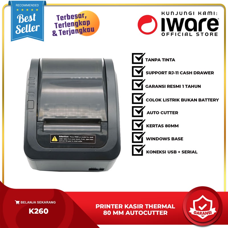 Jual IWARE PRINTER KASIR THERMAL K260 D260 80MM USB/BLUETOOTH/SERIAL