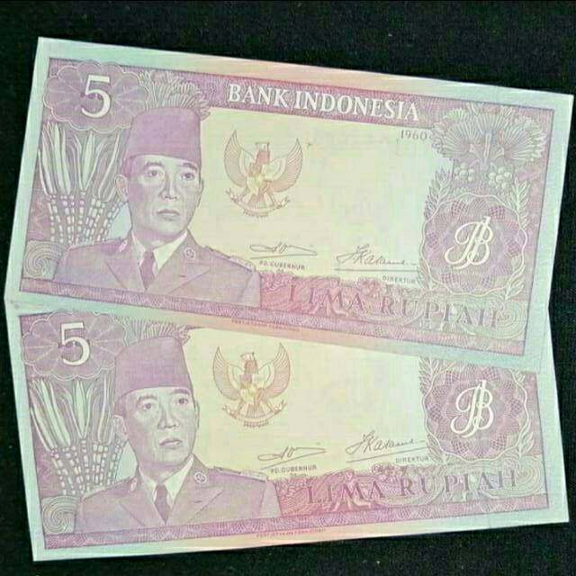 Jual Uang Kertas Kuno Soekarno 5 Rupiah Tahun 1960 Seri No Urut