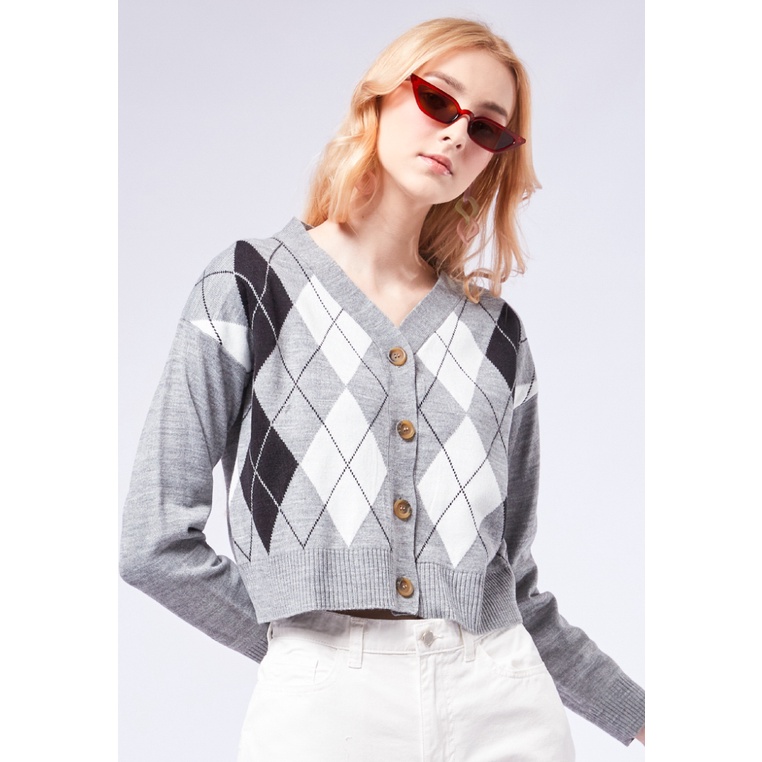 Jual COLORBOX Long Sleeve Argyle Cardigan Grey | Shopee Indonesia
