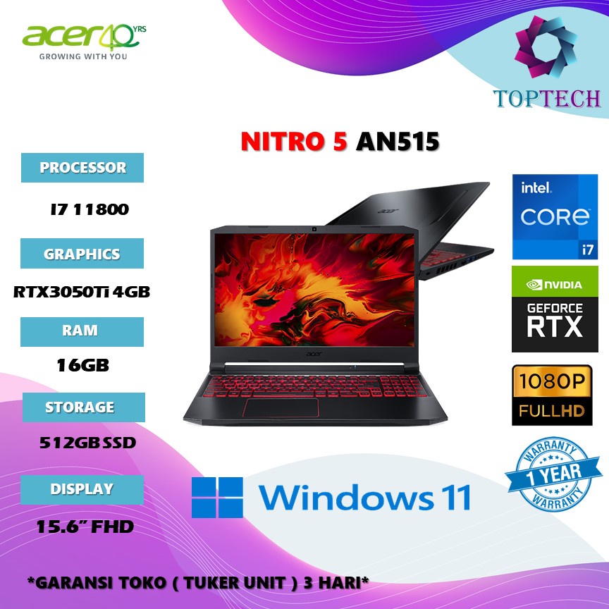 Jual Laptop Gaming Acer Nitro 5 AN515 I7 - 11800 RTX3050Ti 4GB RAM 16GB ...