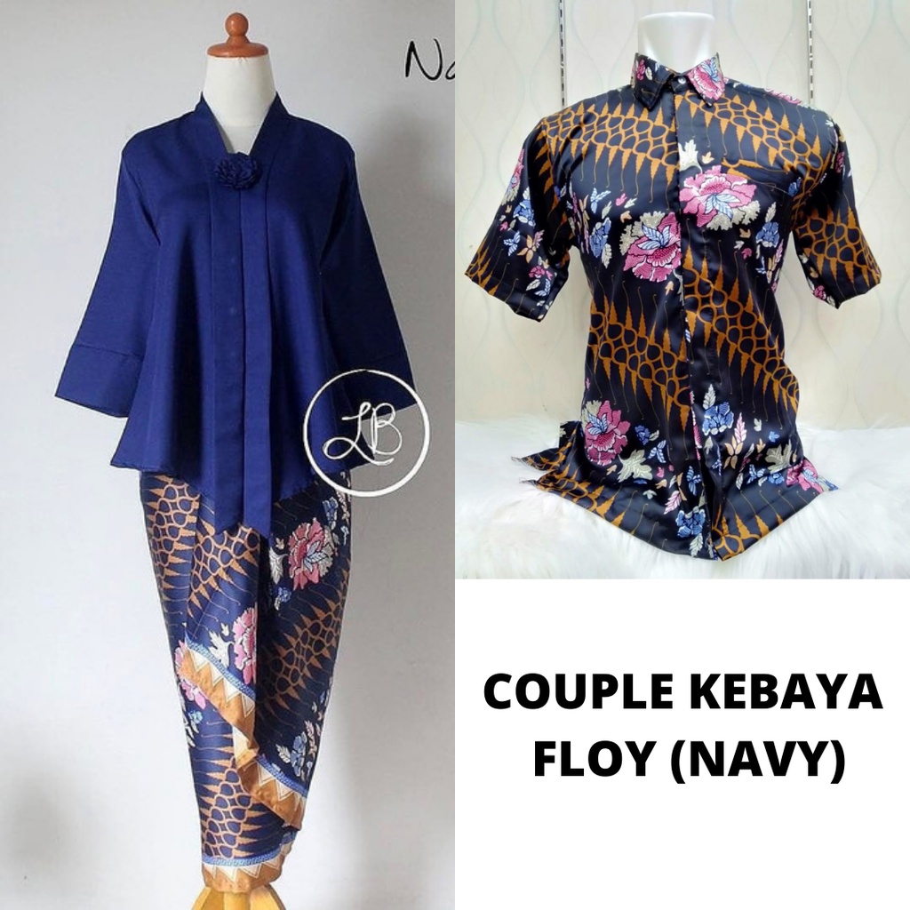 Kebaya Modern Couple Kutu Baru Floy Navy Dan Kemeja Motif Kembang Sepatu  Navy