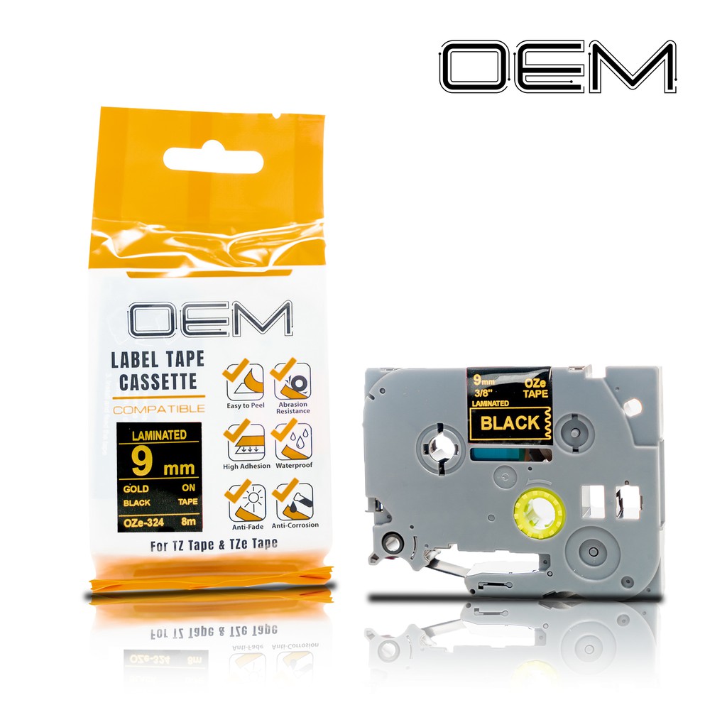 Jual OZe-324 OEM TAPE LABEL 9mm Gold On Black FOR USE ON BROTHER PTOUCH ...
