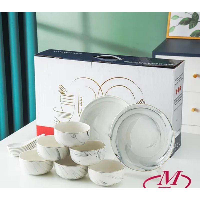 Jual Aveline Garansi Pecah Mangkok Set Piring Keramik Motif Marble Tebal Cocok Buat Hampers 5957