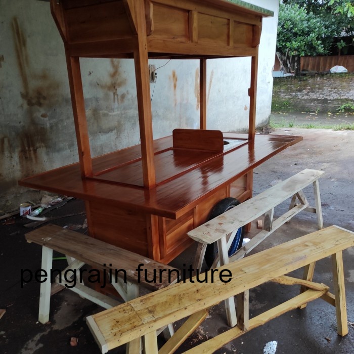 Jual Gerobak Angkringan Kayu Mahoni Plitur Roda 1 Set Kursi Shopee