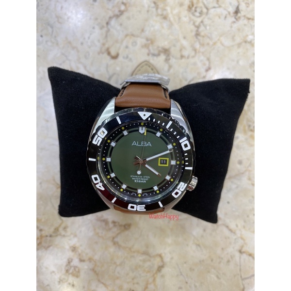 Jual WatchHappy ALBA AG8H49X1 Mens Brown Leather Green Dial Bezel Black Best Seller AG8H49 100 Original Shopee Indonesia