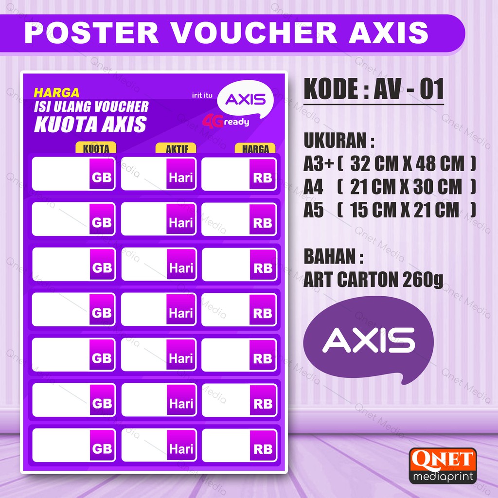 Jual POSTER KONTER DAFTAR HARGA VOUCHER KUOTA AXIS (CUSTOM) | Shopee