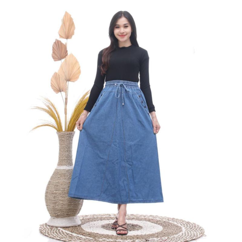 Jual Rok Wanita Panjang Jeans Polos Denim Original Standar Jumbo Model