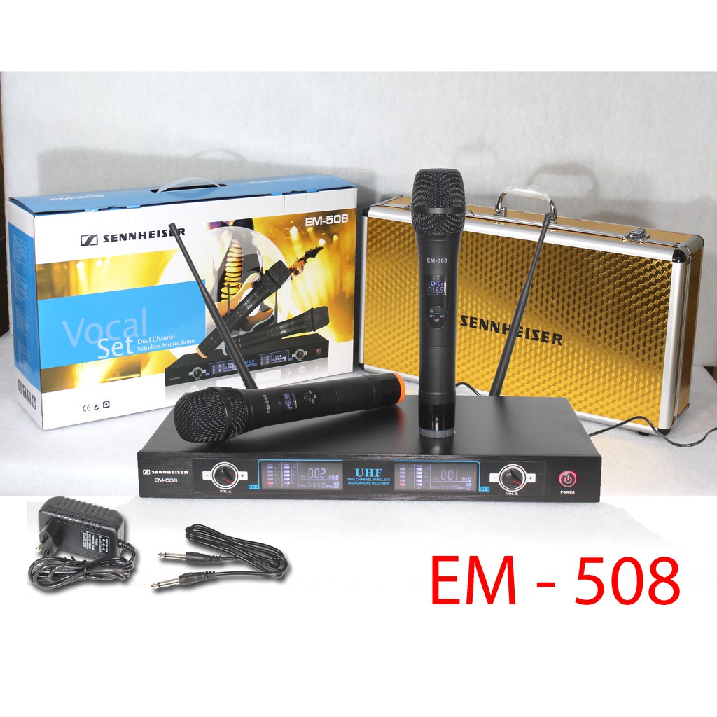 Mic Wireless EM 508 + KOPER / Professional Mocrophone Sennheiser UHF (2 Mic  Pegang + Koper)