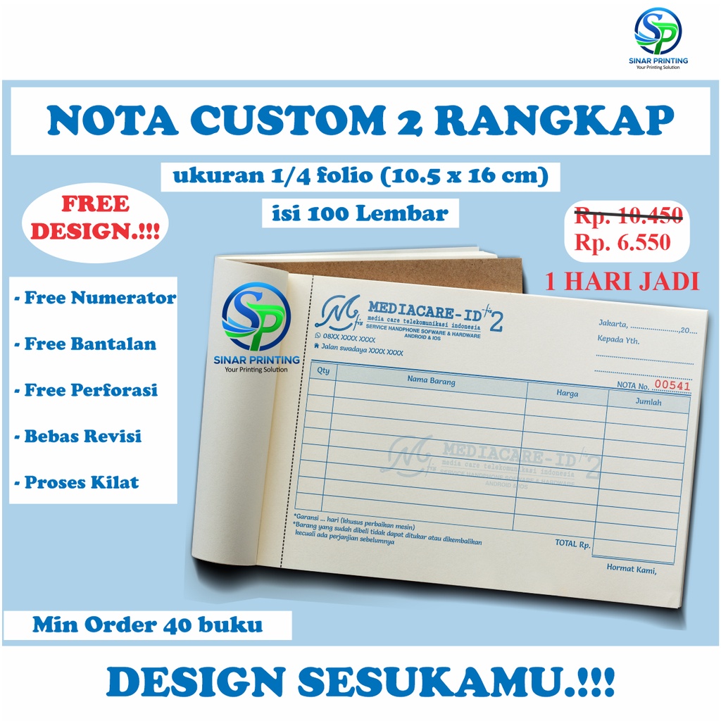 Jual Paket Hemat Cetak Nota Custom 2 Ply Rangkap 2 Ukuran 14 Folio