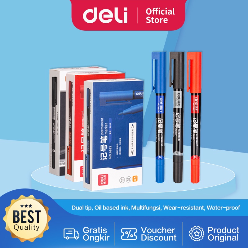 Deli Permanent Marker / Spidol Permanen Double Tip Dapat Menulis Disegala Permukaan 6823 (2)
