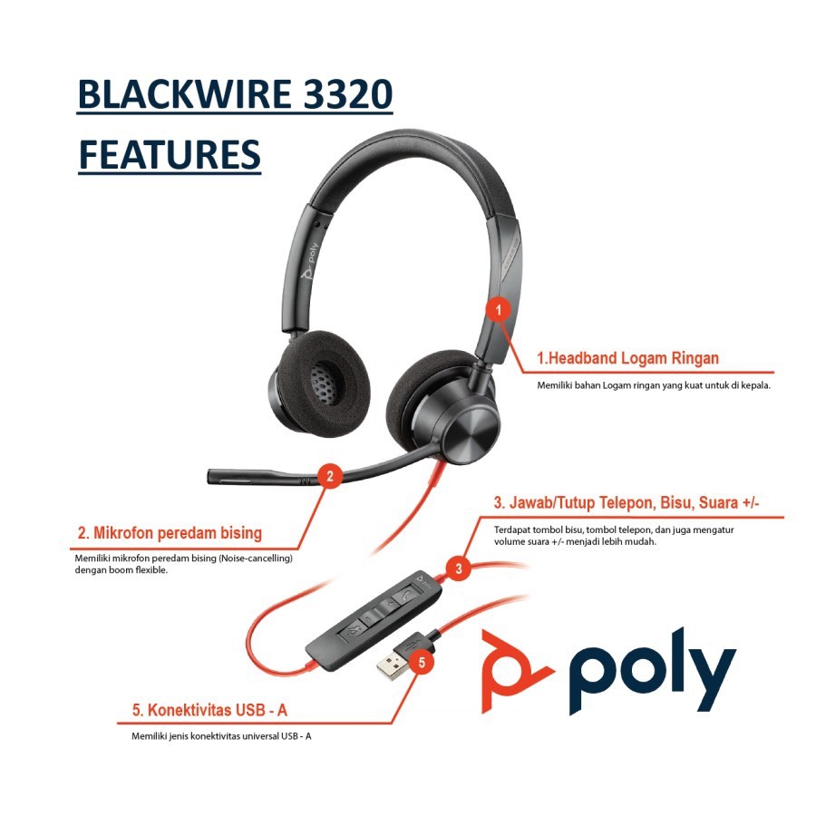 Jual Poly Plantronics Blackwire 3320 Headset USB-A Stereo kualitas ...