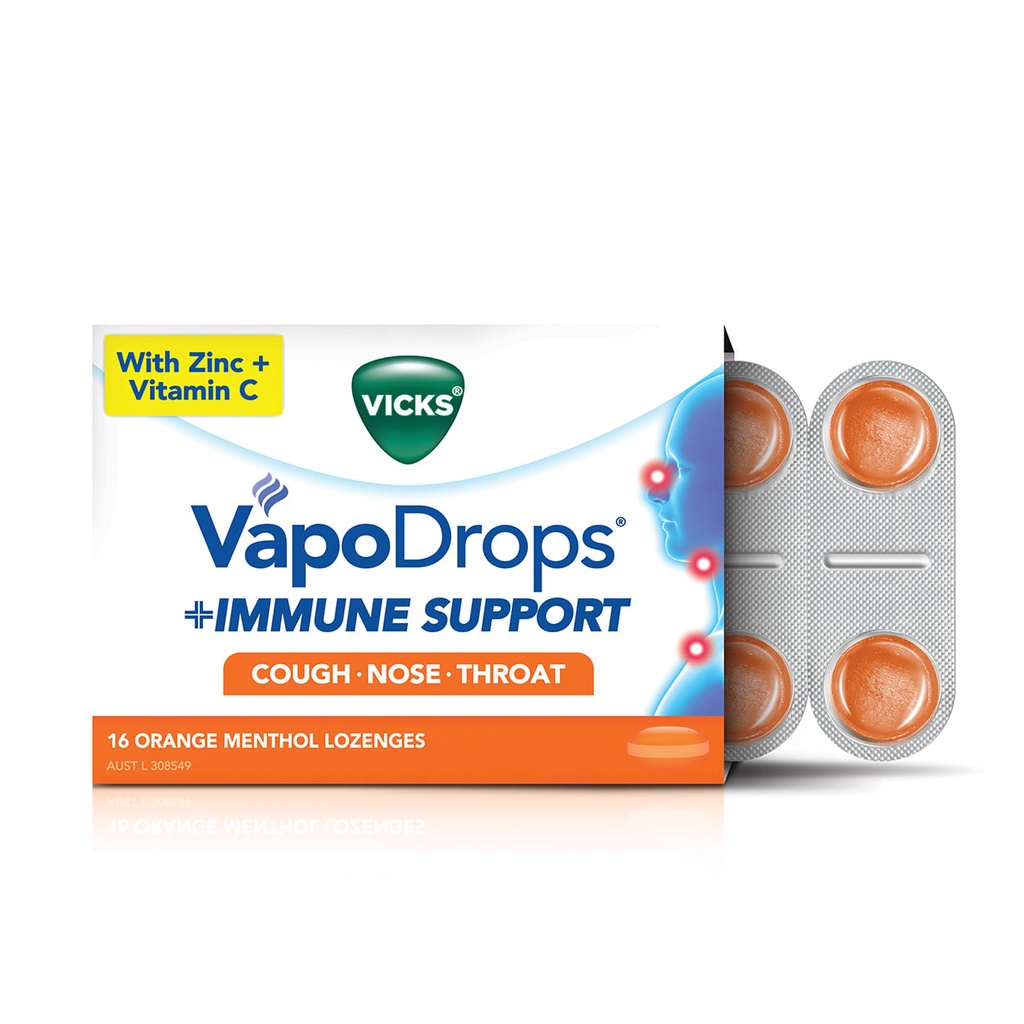 Jual Vicks VapoDrops + Immune Support ORANGE MENTHOL (16 lozenges
