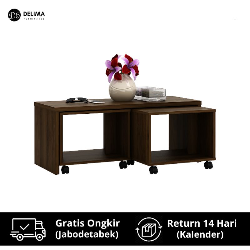 Jual Coffee Table Meja Tamu Minimalis dan 2 Rak Bawah Beroda - Dark ...