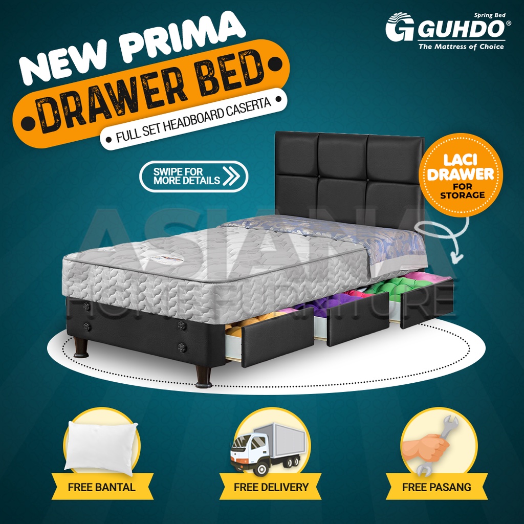 Jual Guhdo Spring Bed 3 Laci New Prima Drawer Bed FULL SET Sandaran Caserta 90x200 / 100x200