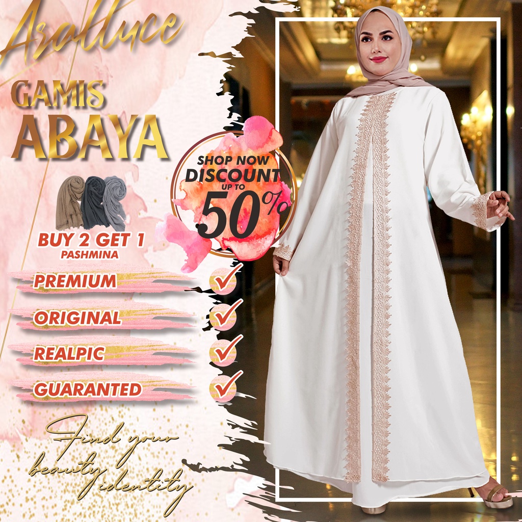 Jual Baju Dress Gamis Putih Wanita Muslim Kekinian Terbaru BY ARALLUCE