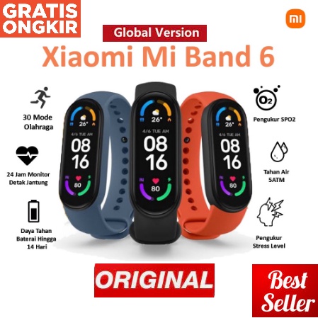 Jual Xiaomi Mi Smart Band 6 Layar AMOLED 30 Mode Kebugaran (100% ...