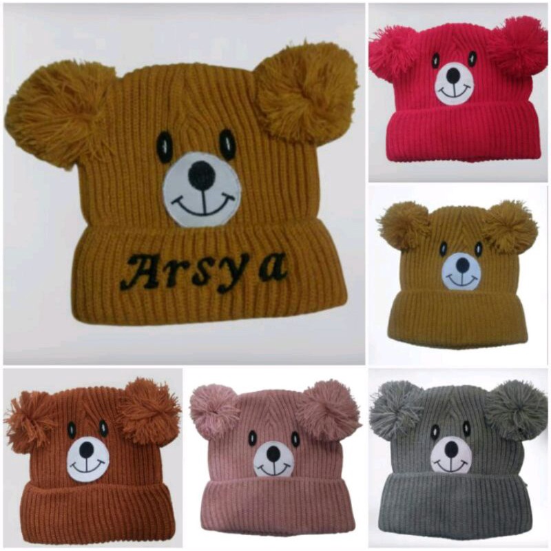 Jual Kupluk Rajut Bayi Karakter Bear Free Custom Nama | Shopee Indonesia