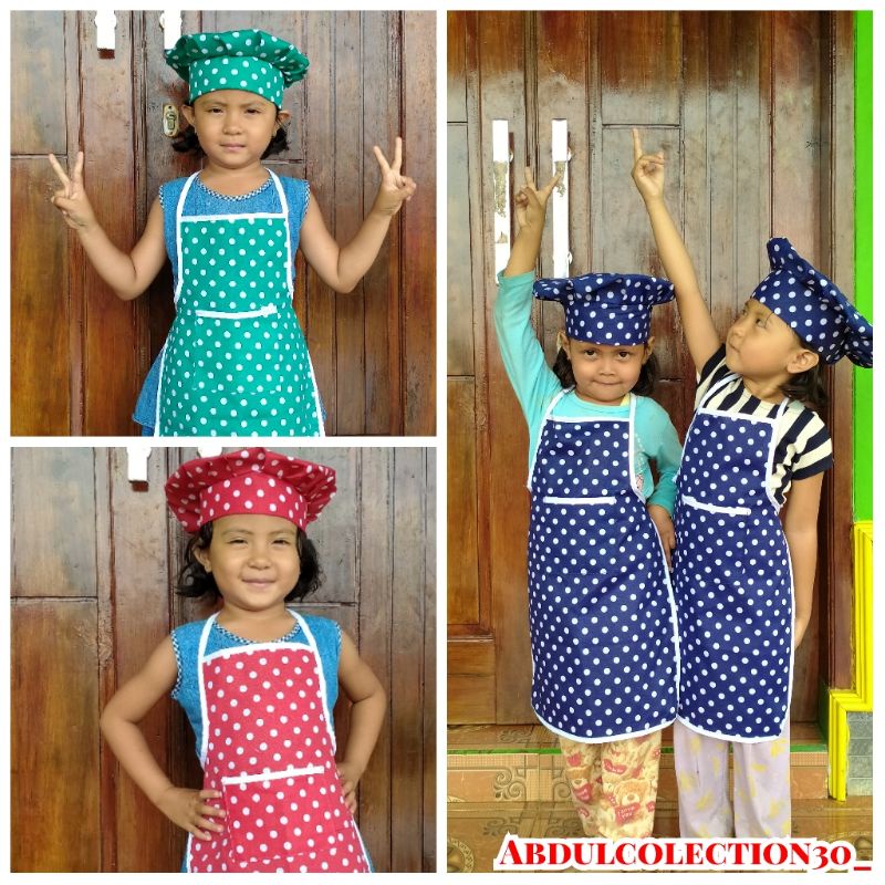 Jual Satu set celemek apron anak”TK”+topi koki sewarna polkadot laki