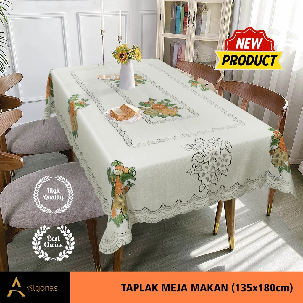 Taplak Meja Makan Persegi Bermotif Bunga Mekar (135x180)