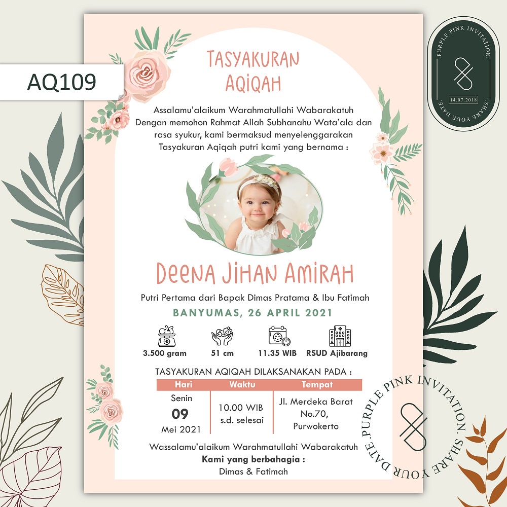Jual undangan digital aqiqah code aq109 softfile tema bunga warna peach