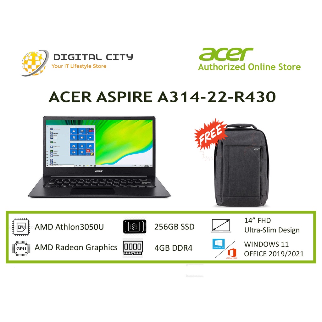 Jual ACER ASPIRE 3 A314-22-R430- ATHLON SILVER 3050-4GB-256SSD-W11+OHS ...