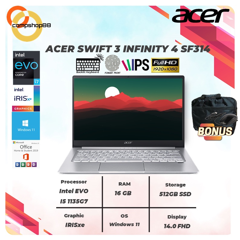 Jual Laptop Acer Swift 3 Infinity 4 Sf314 Evo I5 1135g7 16gb 512ssd