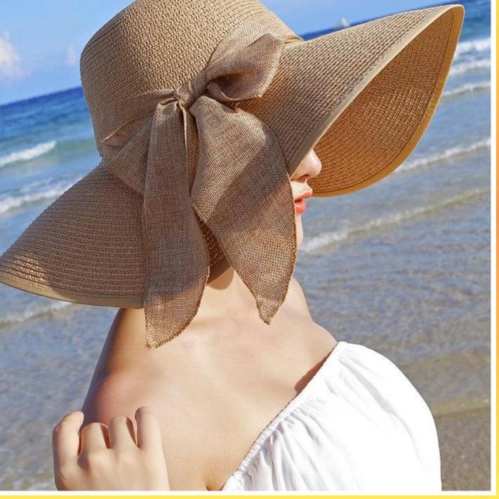 Jual Model baru - Topi pantai rajut pita bintik emas Topi Pantai Tebel ...