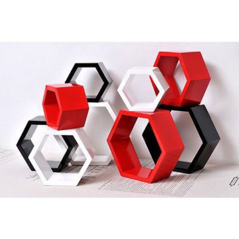 Jual Hiasan Dinding Dekorasi Rumah Minimalis Rak Dinding Hexagonal 1 Set Isi 3 Diameter 30cm 5945