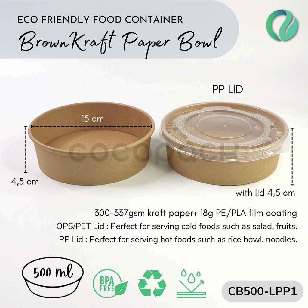 Jual Brown Kraft Paper Salad Bowl PP Lid 500ml 17oz (10 PCS) | Shopee ...