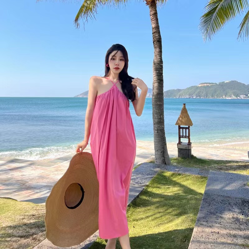 Jual ULU pink dress / pink halter neck midi dress wanita import premium