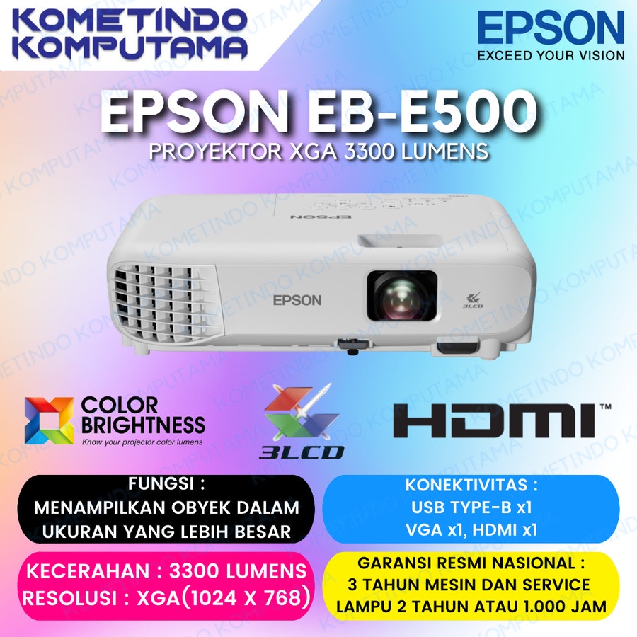 Jual Epson EBE500 XGA 3LCD Projector / Proyektor E500 3300 LUMENS