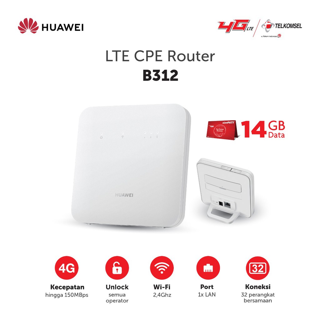 Jual Huawei Wifi Router B312 Modem Wifi 4G Unlock Free Kuota 14Gb 2Bln ...