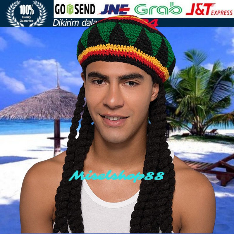 Jual Topi kupluk bob marley reggae rasta sudah termasuk rambut ...