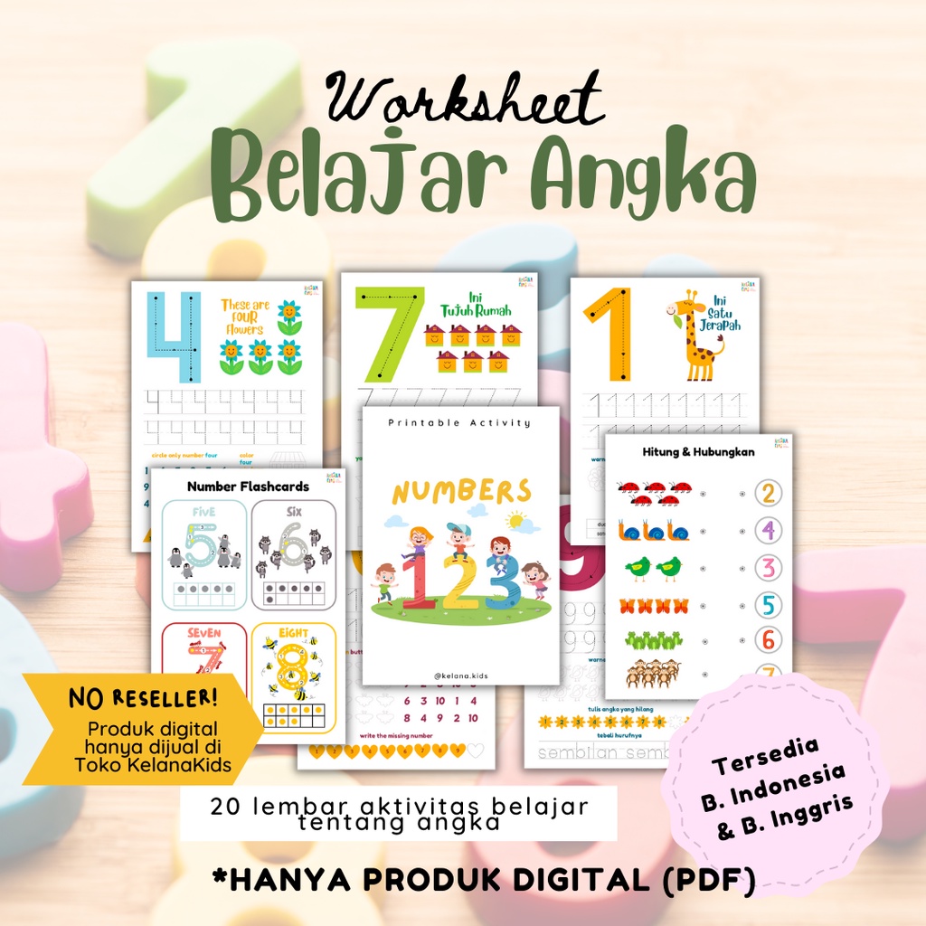 Jual Printable Worksheet Numbers Belajar Menebali Angka - 20 Lembar ...