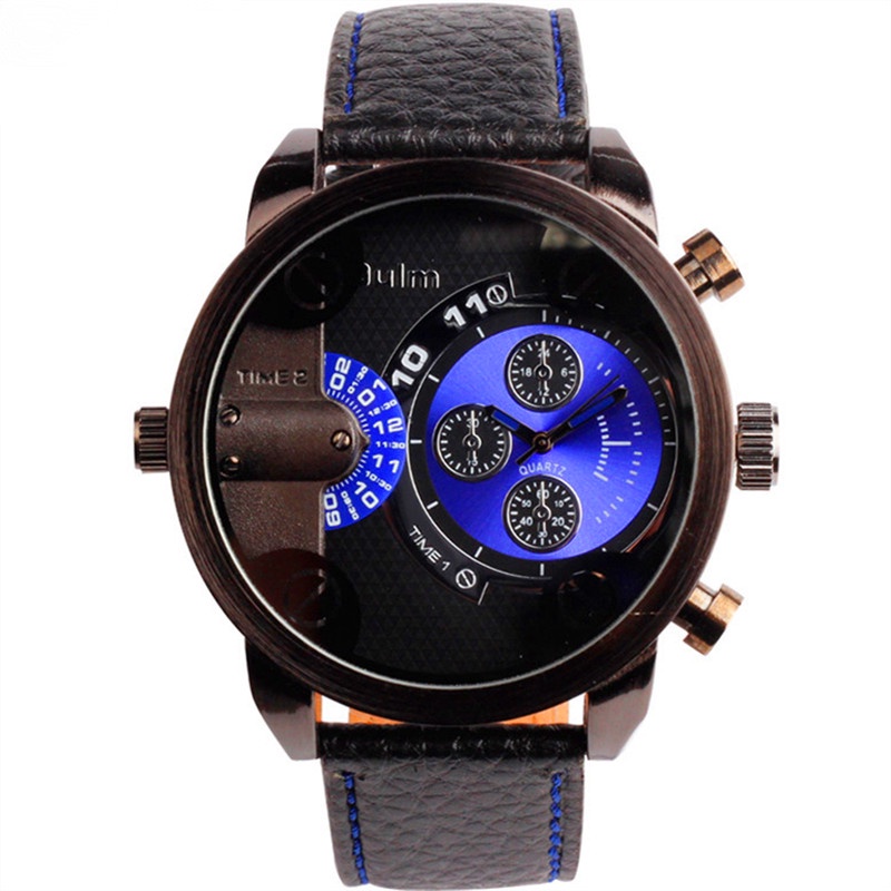 Jual Hot Sale OULM 3130 Mens Watches High Quality Fashion Leather Strap 2 Time Zone Imported Japan Movt Q Shopee Indonesia