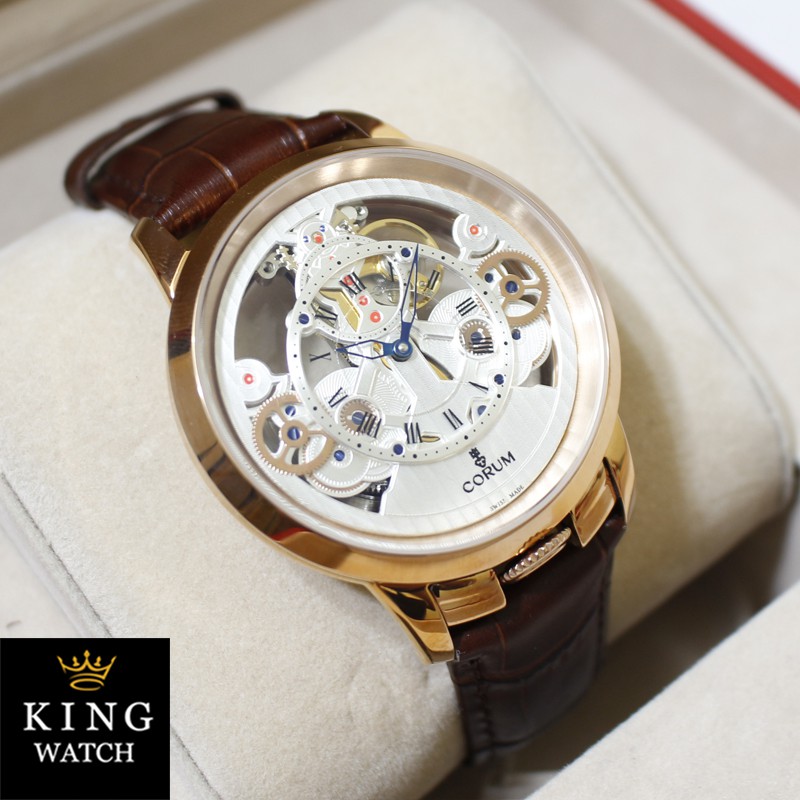 Jam Tangan Pria Corum 12609 Automatic Super Chrono Aktif Leather Gold