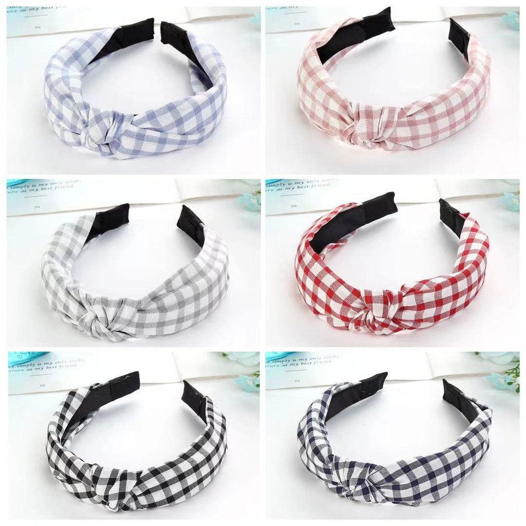 Jual Bandana Wanita Bando Korean Style Motif Kotak Kotak Aksesoris Rambut Wanita Bando Wanita 