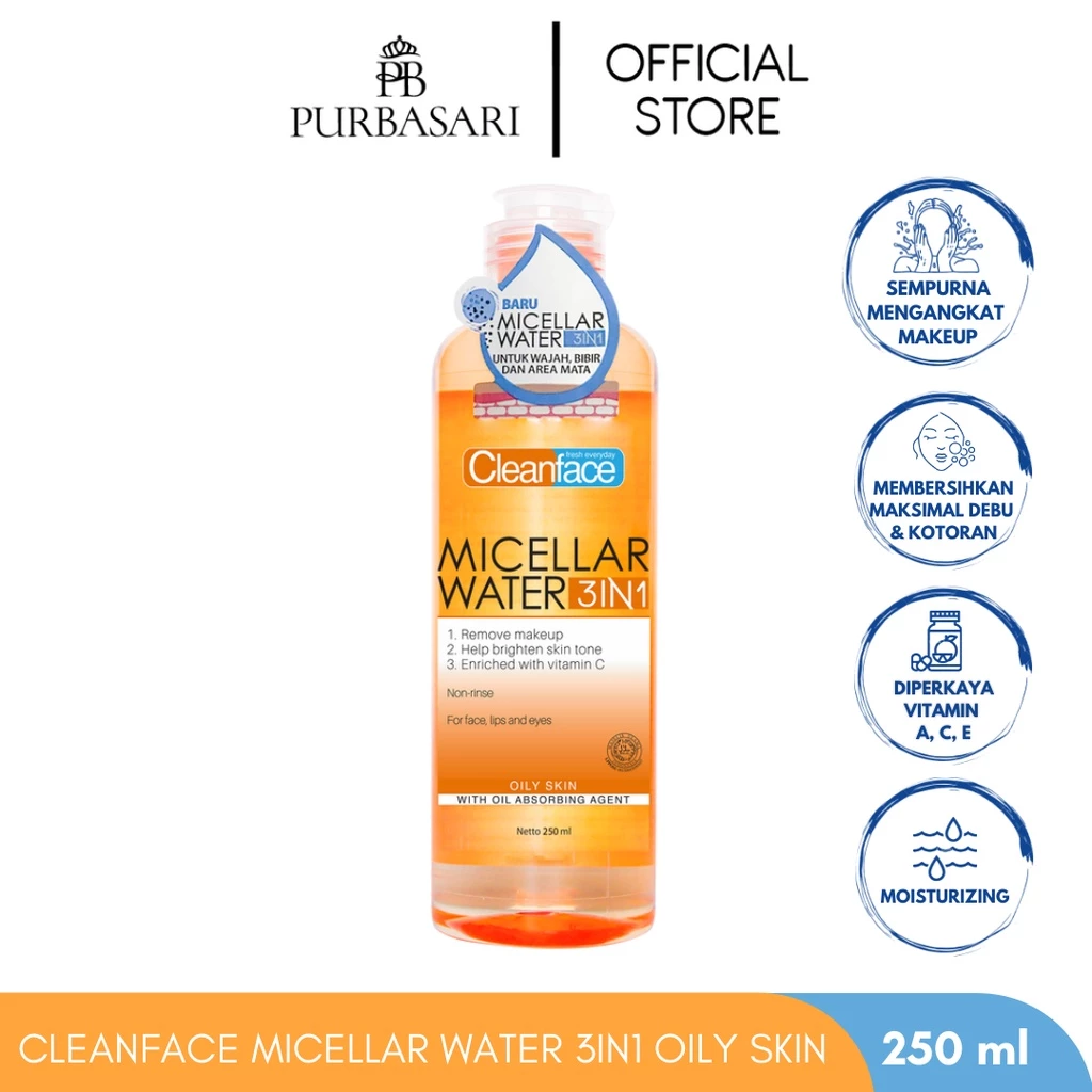 Pembersih Wajah Cleanface Micellar Water 3in1 untuk Kulit Berminyak 250 ml dan Makeup Waterproof