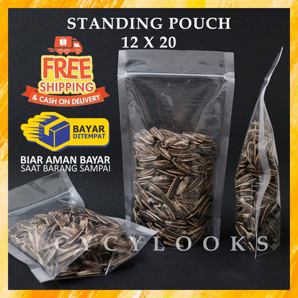 Jual Standing Pouch Bening Plastik Bungkus Kemasan Makanan Ringan Berdiri Klip Murah 12x20 0112