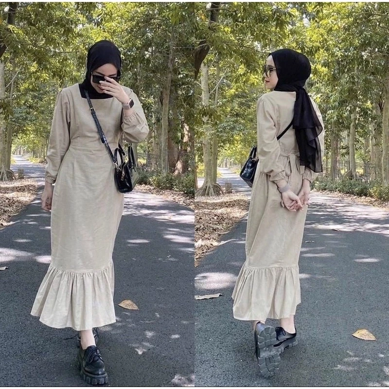 Arqelclo - Hea Dress wanita dengan ruffle | mermaid dress | Outfit hijab elegan | Dress wanita kekinian | Daily outfit | Dress remaja | Dress Korean Look | Dress Linen