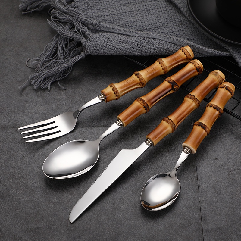 Jual LEVEV 4 Pcs Bamboo Handle Tableware Set Steak Knives Cutlery