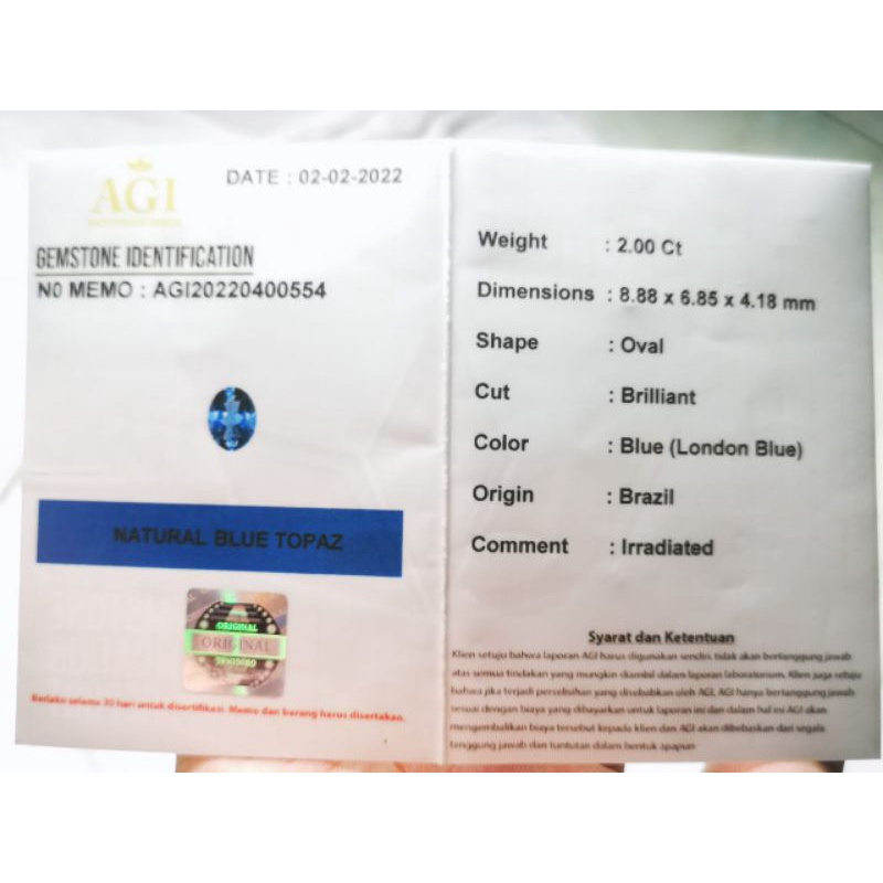 Jual NATURAL LONDON BLUE TOPAZ LUSTER TOP COLOR MEMO AGI GEMS LAB