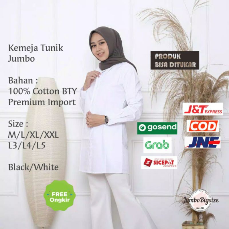 Jual Jb Tunik Kemeja Wanita Putih Hitam Polos Atasan Wanita Hem Lengan Panjang Muslimah Big Size