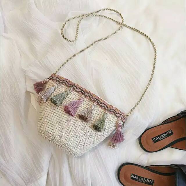 Tas Bohemian Anyaman rotan Gaya vintage Wanita import