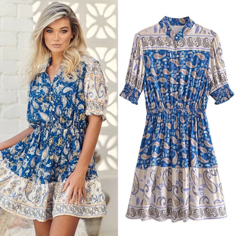 Jual Blue Paisley Printed Dress 67543 (SALE) | Shopee Indonesia