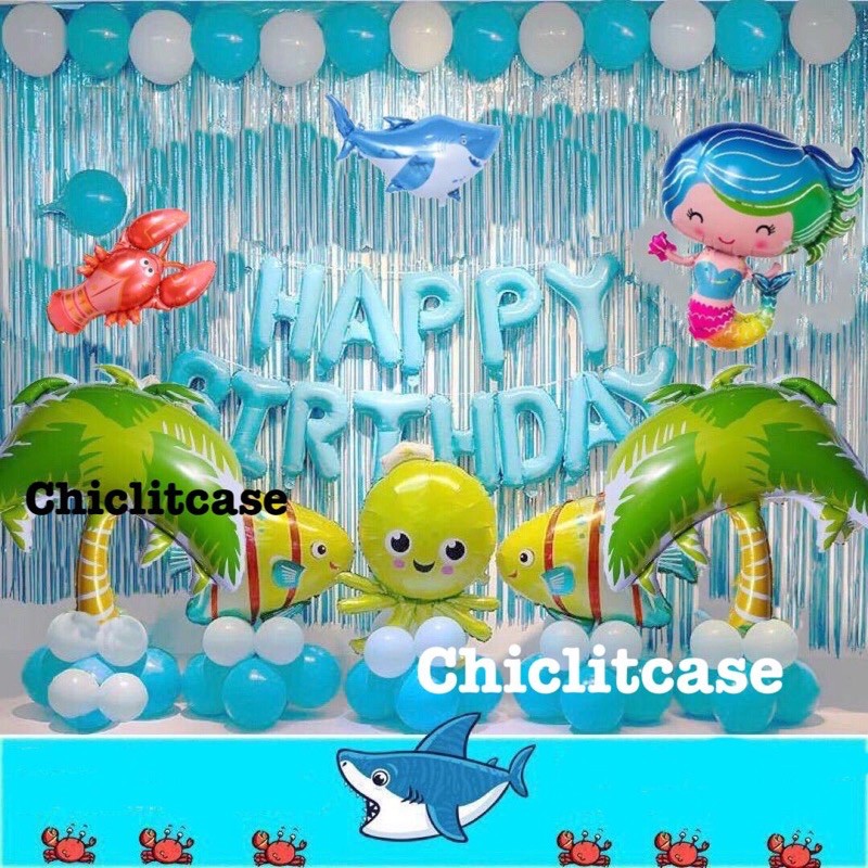 Jual Set paket balon dekorasi ulang tahun tema laut mermaid ikan shark