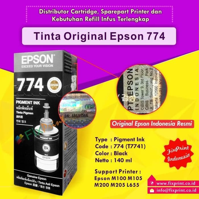 Jual Tinta Refill Botol Epson Original 774 T774 T7741 Black- Printer ...