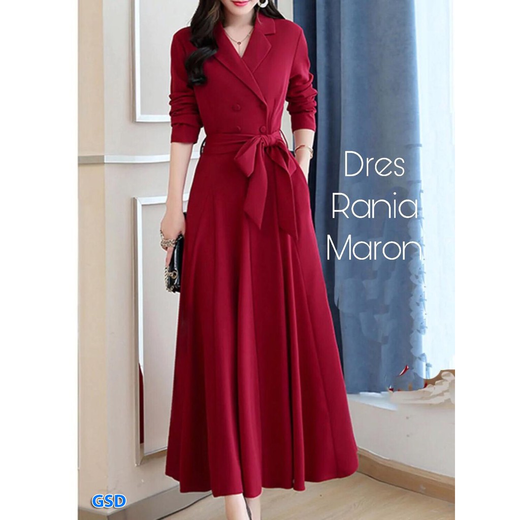 Jual Baju korea style / tampil cantik elegant / Dress panjang variasi  kancing dan tali pita / Dress Rania | Shopee Indonesia