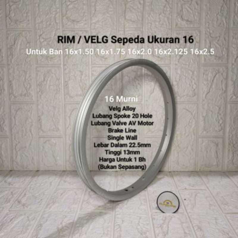 Jual Velg Rims Sepeda 16 Murni Alloy Lubang 20 Hole Valve AV Motor ...