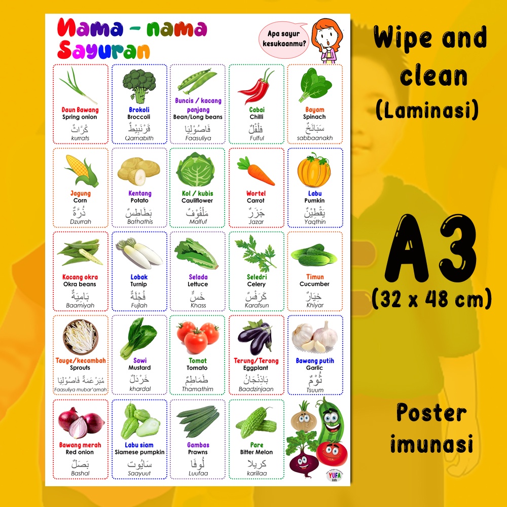 Jual 103 poster nama nama sayuran (3 bahasa) - Poster Edukasi Anak